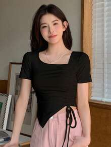 DAZY Women's Summer Solid Color Asymmetrical Neckline Drawstring Hem Casual T-Shirt Cute Tops Going Out Tops - Black - View 7