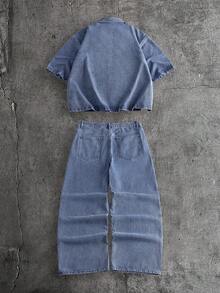 AXEPEAK Bộ đồ nam cỡ lớn phong cách thường ngày đường phố, áo sơ mi ngắn tay và quần jean denim, thích hợp cho đi làm hàng ngày, mùa xuân/hè. - Màu xanh lam - Xem 2