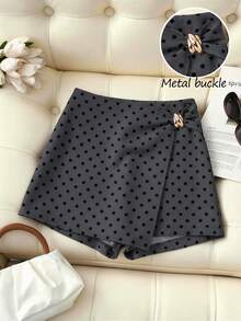 Franclia Quần short nữ mùa hè kiểu dáng thường ngày, họa tiết chấm bi, kiểu quấn. - Xám - Xem 3