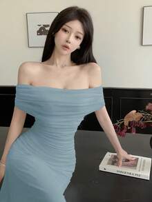 Modelyn 女士露肩褶皱腰身优雅婚礼/场合礼服 - 霧霾藍 - 查看 5
