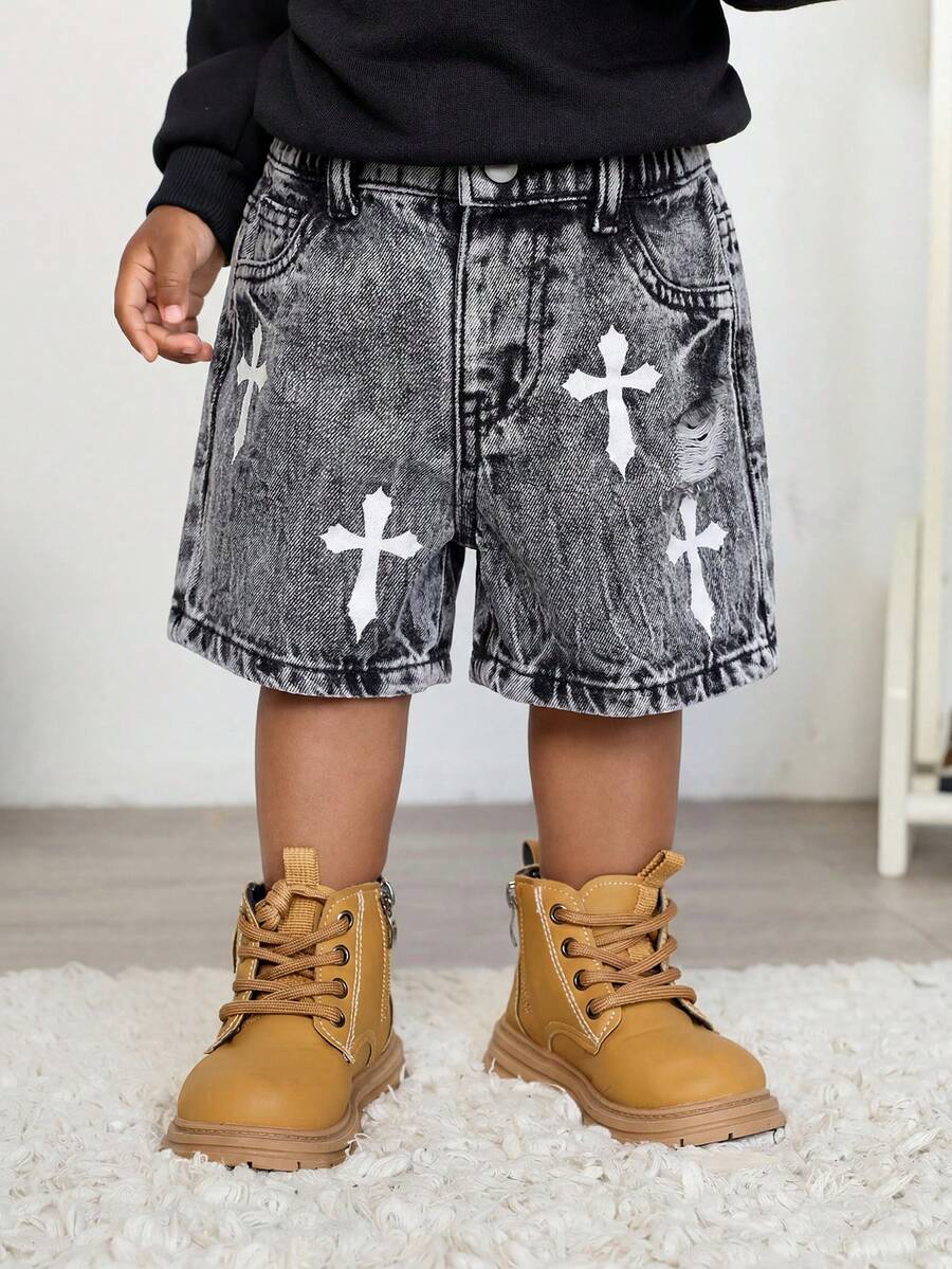 Toddler Boys' Cross Embroidered Blue Denim Shorts - Grey - View 1