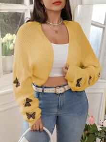 EMERY ROSE Chaqueta corta de punto de talla grande para mujer con bordado de mariposa en unicolor, de moda y versátil para otoño/invierno - Amarillo - Ver 5
