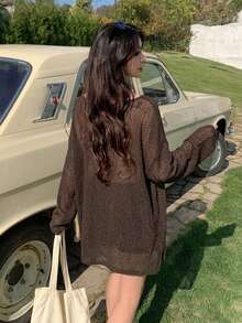 DAZY Women's Solid Color Batwing Loose Cover Up Beach Vacation - Coffee Brown - View 5