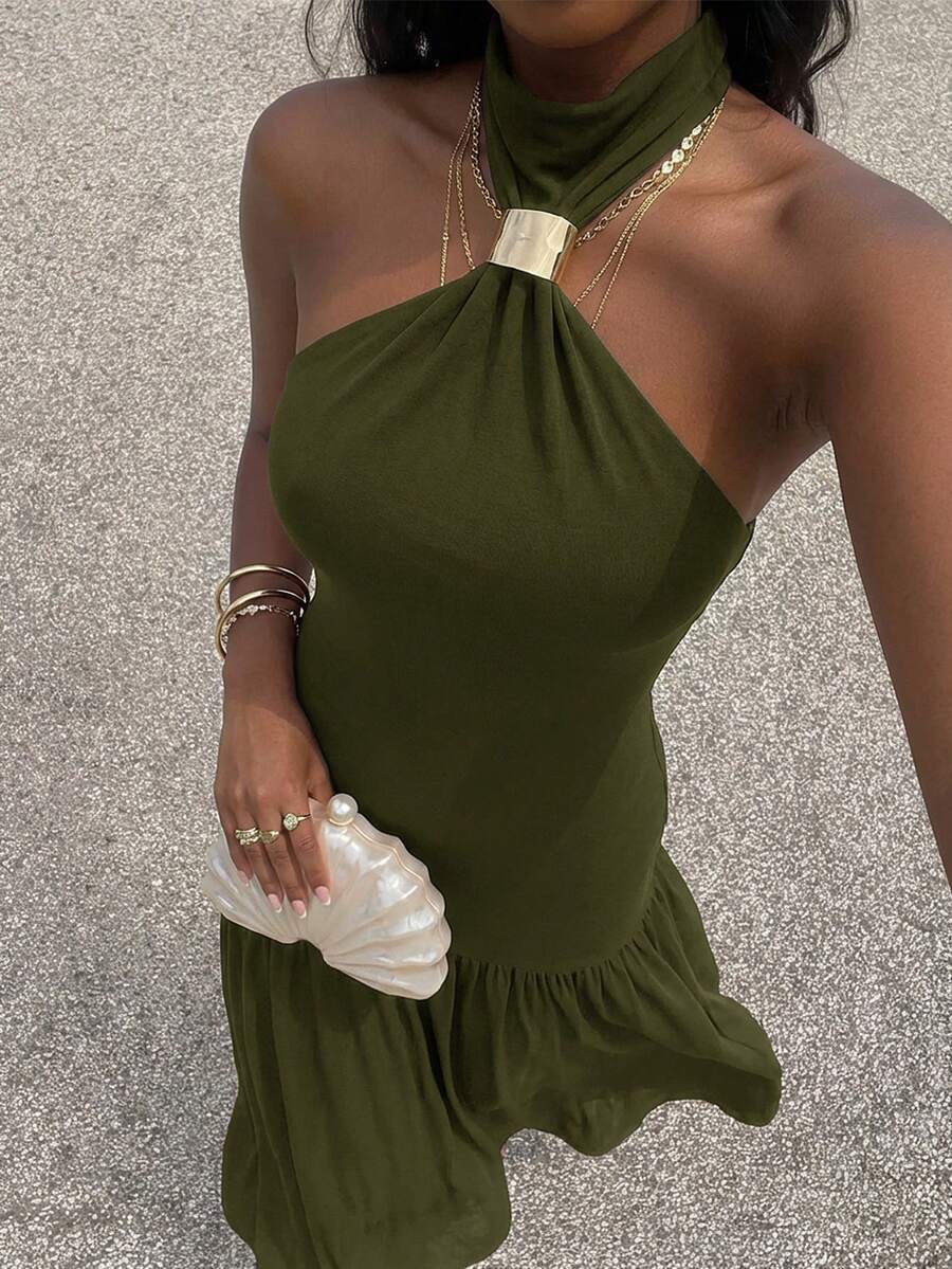 SHEIN Glamour 女款軍綠色夏季優雅度假風復古掛脖露背正式長洋裝,高腰百褶長裙,適合晚宴與紅毯 - 綠色 - 查看 1