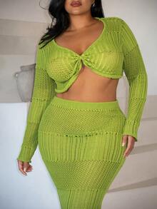 Veslaya Plus Size Women's Avocado Green Knit Set,Long Sleeve Twist Front Crop Top&High Waist Skirt For Sommar,Beach,Vacation,Holiday,Music Festival&Party - Green - View 8