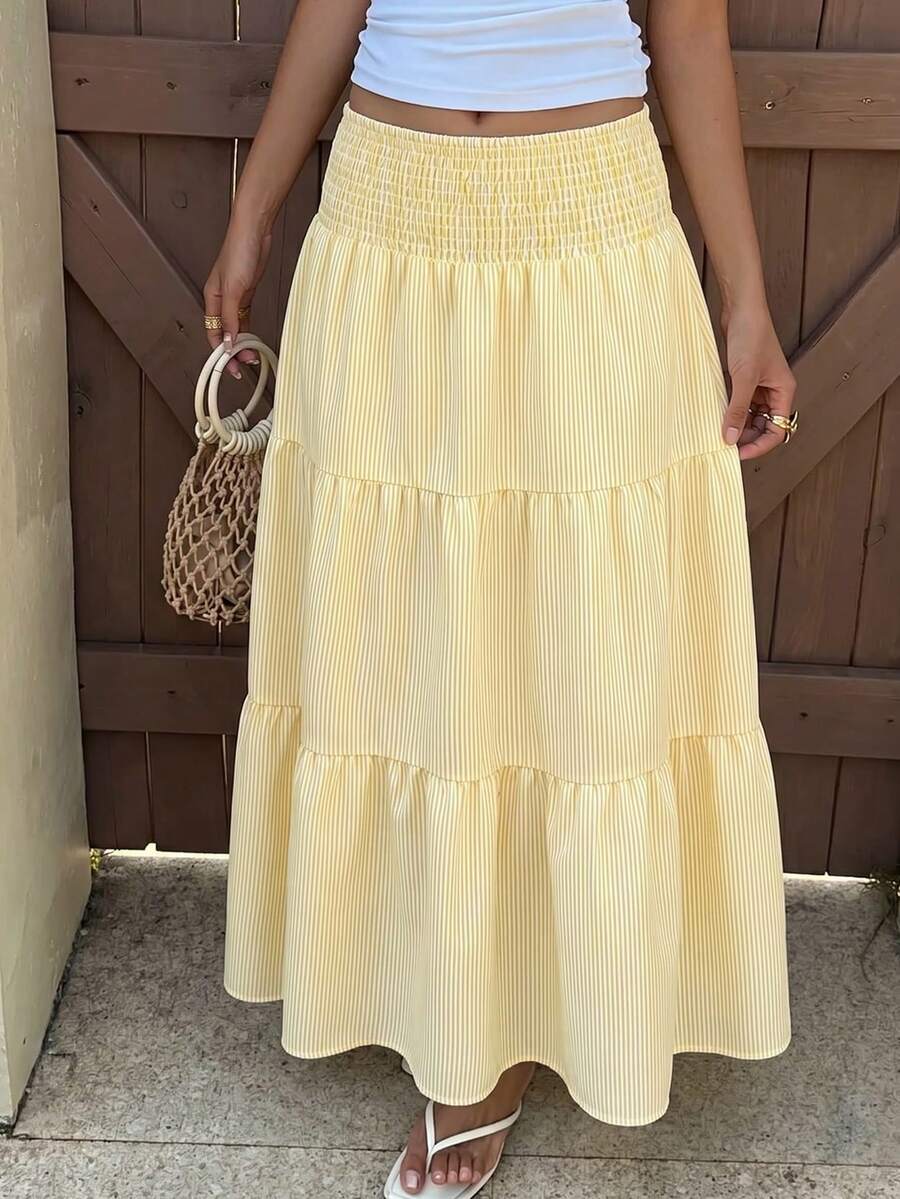 SHEIN Rok Liburan Bergaris Krem-Kuning untuk Remaja Putri, Musim Panas - Kuning - View 1