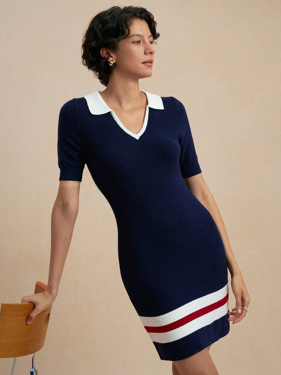 SHEIN Uhlyne Đầm dệt kim thể thao phối màu thời trang mới - Màu xanh hải quân - Xem 1