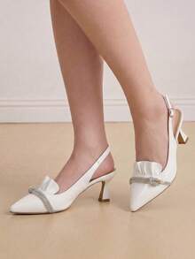 Eladyva Women's Red High Heel Pumps, Pointed Toe, Graceful, Versatile, Soft Leather, Comfortable, Pearl & Rhinestone Decor, Dress Shoes, Stiletto Heel - White - View 5