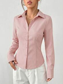 SHEIN EZwear 淡粉色条纹长袖梭织休闲衬衫，女士衬衫领，莲藕粉色条纹梭织前襟纽扣衬衫，女士衬衫，女士纽扣衬衫，女士衬衫，优雅女士衬衫，优雅纽扣衬衫，商务休闲女士衬衫，女士衬衫，优雅 - 藕粉色 - 查看 3