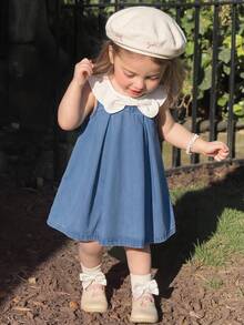 SHEIN LMoss Kids Đầm ngắn không tay dáng rộng màu xanh denim cổ bướm trắng dễ thương cho bé gái - Rửa trung bình - Xem 1