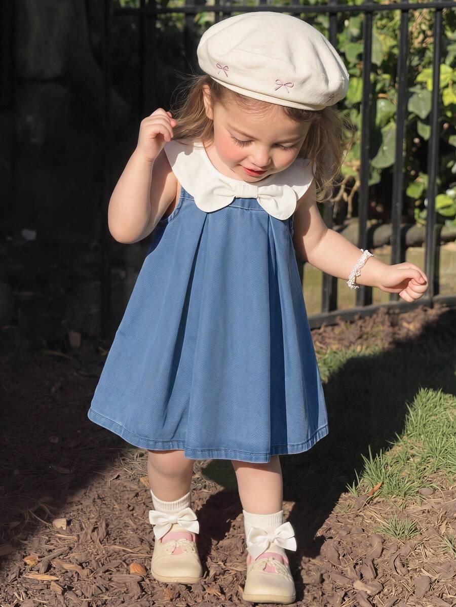 SHEIN LMoss Kids Đầm ngắn không tay dáng rộng màu xanh denim cổ bướm trắng dễ thương cho bé gái - Rửa trung bình - Xem 1