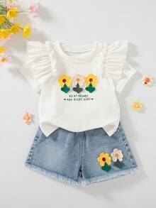 Genkimix Kids Young Girl Floral Applique Ruffle Sleeve T-Shirt And Fringe Denim Shorts 2pcs Set - White - View 7