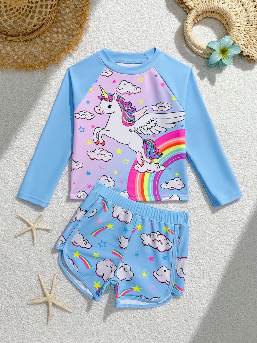 少女分體式泳衣,可愛紫色獨角獸、雲朵、星星、彩虹漸層針織面料長袖兩件式泳裝,時尚優雅,適合游泳、夏季度假、海灘 - 藍色 - 查看 1