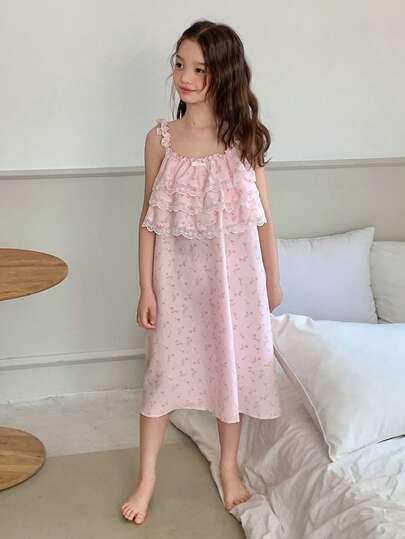 Dazy Kids 少女蕾丝拼接花卉印花休闲家居睡衣套装
