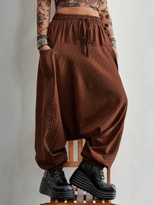 Whyspr Plus Size Casual Solid Color Drop-Crotch Pants - Brown - View 8
