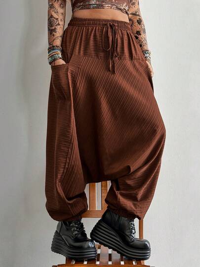 Whyspr Plus Size Casual Solid Color Drop-Crotch Pants