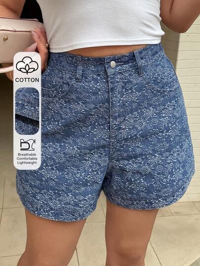 Dazy Plus Quần short denim in hoa dáng rộng dành cho nữ cỡ lớn, phong cách đường phố nghỉ dưỡng, mùa xuân/hè.
