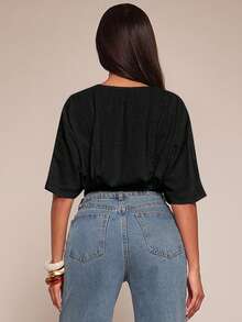 Radiana Camisa de mujer de manga corta negra de lino con mangas de murciélago, adecuada para salidas casuales, compras, viajes al trabajo, oficina, vacaciones y días festivos - Negro - Ver 4