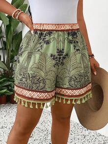 SHEIN SXY Große Größen Grüne Urlaub-Stil bedruckte lockere Shorts mit elastischem Bund und Quasten-Verzierungen, Urlaub Bohemian, leicht zu kombinieren, schmeichelt der Figur - Grün - Übersicht 7