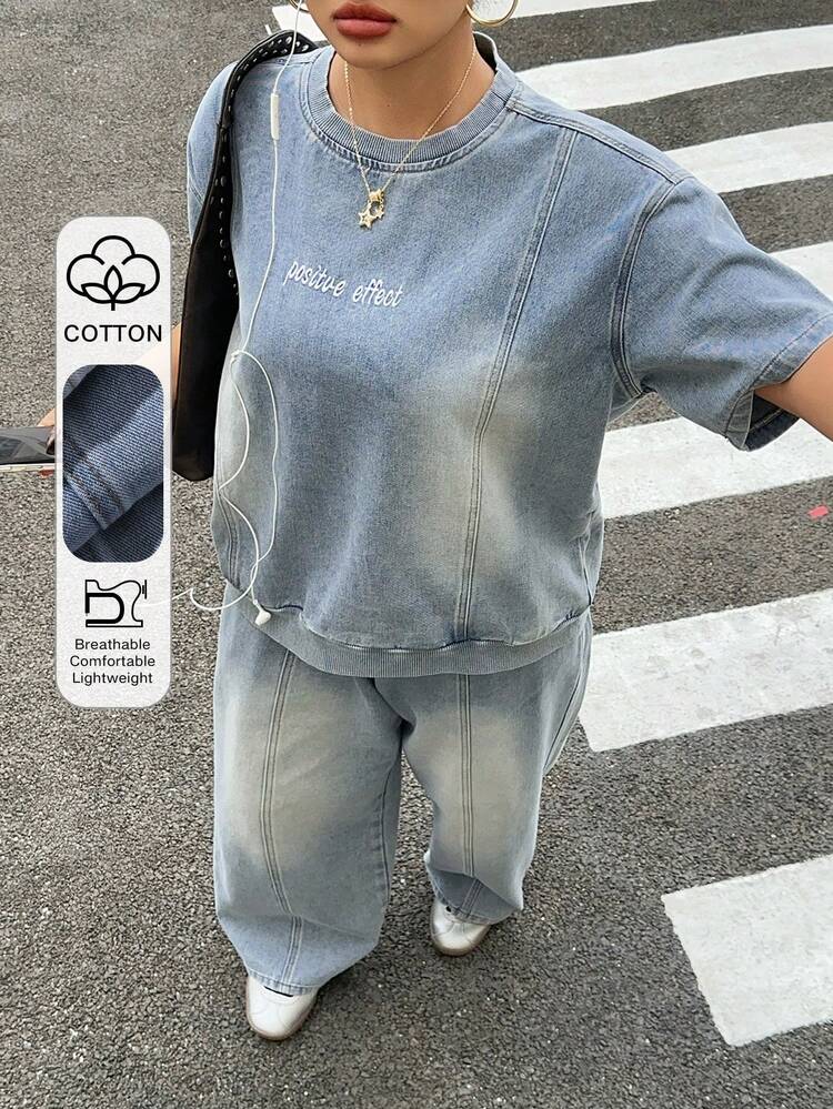 Dazy Plus Plus Size Women 2-Piece Set, Letter Embroidery Washed Dark Blue Loose Long Sleeve Top And Pants, Spring/Autumn