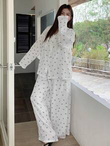 Dazy Plus Heart Print Loose Long Sleeve Top And Long Pants Pajama Set, Plus Size Women Spring/Autumn Sleepwear - White - View 9