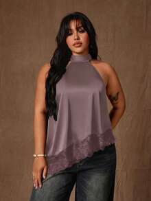 Rustia Plus Size Fashionable Elegant Satin Lace Patchwork Asymmetrical Blouse Date Night Brunch Formal Evening Dark Purple Summer - Redwood - View 1