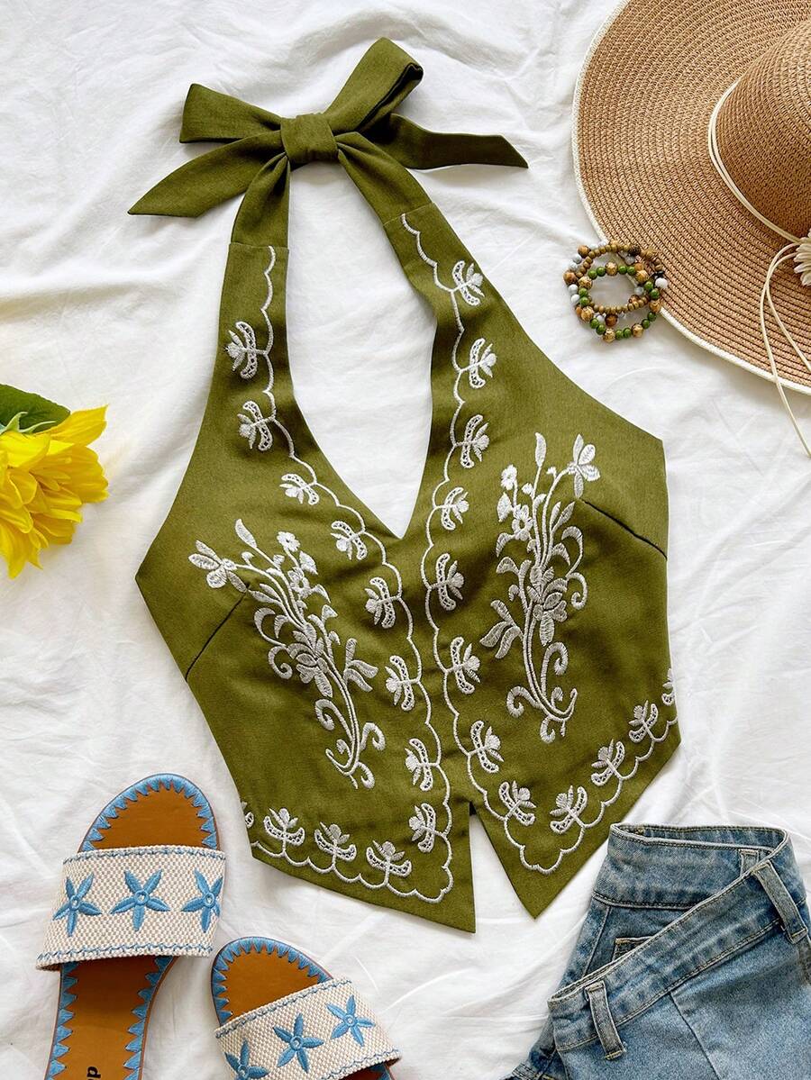 Soleia 花卉刺繡掛脖露背蝴蝶結短版上衣,適合音樂祭,夏季上衣 - 綠色 - 查看 1