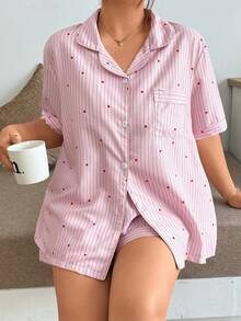 Napfluff CURVE Napfluff CURVE Plus Size Ruffled Romantic Pink Striped Heart Print Collar Short Sleeve Shorts Pajama Set - Pink - View 4