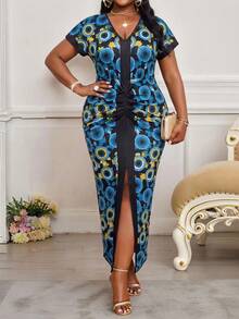 SHEIN Lady CURVE Đầm ôm dáng xẻ tà, họa tiết in toàn thân, cỡ lớn, thanh lịch, thích hợp cho mùa hè. - Nhiều màu - Xem 4