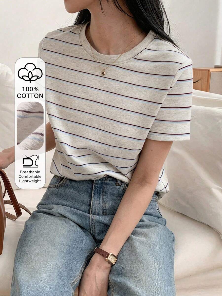 DAZY T-shirt à col rond à manches courtes rayé pour femmes, polyvalent pour les déplacements en été - Beige - Voir 1