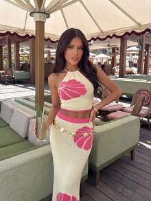 Aloruh 春夏新款女士性感露背串珠花卉针织吊带背心+超长浪漫贝壳刺绣针织撞色图案半身裙两件套，适合海滩/度假穿着 - 彩色 - 查看 4