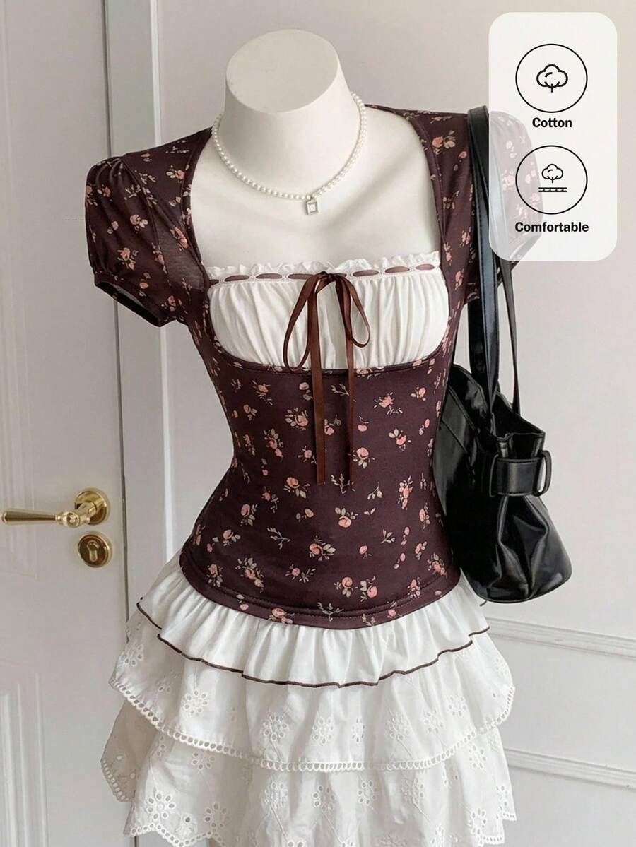 Comfortcana 女士优雅拼接碎花荷叶边下摆衬衫,夏季 - 彩色 - 查看 1