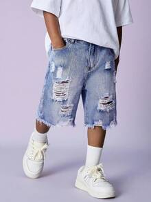 Tween Boy Fashion Homecoming Streetwear Mix And Match Versatile Design Vintage Cool Street Cut Out Ripped Frayed Blue Comfortable Holey Denim Shorts For Dailywear And Spring To Summer Rave Festival And Streetwear - Blue - View 3