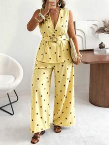 Ceyna Plus Size Women's Classic Retro Polka Dot Vest And Wide Leg Pants Set Summer Holiday Outfits - Multicolor - View 1