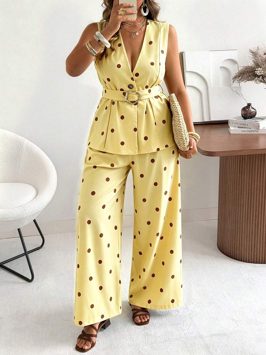 Ceyna Plus Size Women's Classic Retro Polka Dot Vest And Wide Leg Pants Set Summer Holiday Outfits - Multicolor - View 1