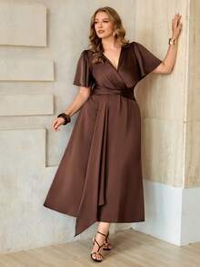 Roveilla Women's Spring/Summer Elegant Delicate Acetate Single-Sided Linen Music Festival Office Commute Casual Vacation Afternoon Tea Party Romantic High-End Sexy Shirred Ruched Waist Twist Knot A-Line Coffee Brown Long Dress - Coffee Brown - View 6