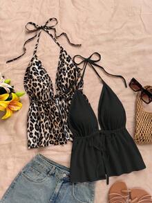 SHEIN PETITE CURVE 大码夏季休闲纯色及豹纹露背吊带上衣 - 彩色 - 查看 4