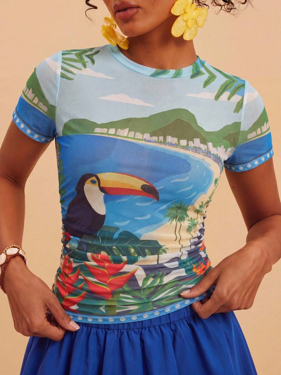 Travachic Women's Fitted Knit Mesh Printed Short Sleeve Round Neck Top, Suitable For Spring/Summer Vacation,Summer Top - Multicolor - View 1