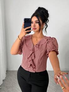 SHEIN Clasi Plus Size Women's Pink And Grey Plaid Woven Puff Sleeve V-Neck Blouse,Elegant Summer Office Work Commute Top,Casual Fitted Blouse For Dates & Parties - Burgundy - View 1