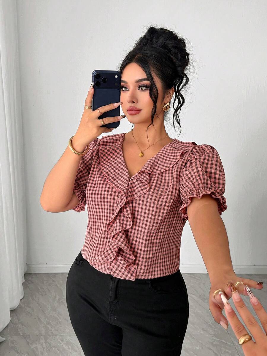 SHEIN Clasi Plus Size Women's Pink And Grey Plaid Woven Puff Sleeve V-Neck Blouse,Elegant Summer Office Work Commute Top,Casual Fitted Blouse For Dates & Parties - Burgundy - View 1