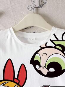 THE POWERPUFF GIRLS X SHEIN Áo thun ngắn tay in hình hoạt hình dành cho bé gái tuổi teen - trắng - Xem 5