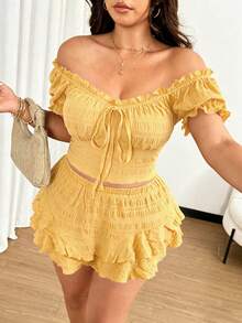 Vionelle Plus Size Sexy Off-Shoulder Going Out Top And Shorts Set, Bow Decor, Casual Beach Vacation Outfit - Light Yellow - View 2