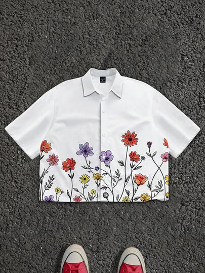 Manfinity EMRG American Street Style Hand-Painted Floral Print Men's Short Shirt, Summer Men's Shirt