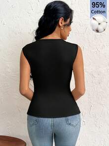 Firerie Women's Solid Color Asymmetric Neck Slit Hem Casual Tank Top - Black - View 4