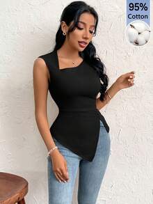 Firerie Women's Solid Color Asymmetric Neck Slit Hem Casual Tank Top - Black - View 5