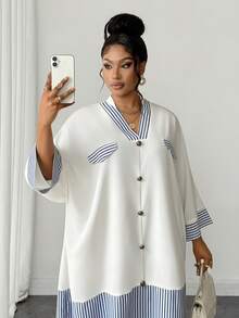 Maweii Striped Patchwork Short Sleeve Metal Button Robe, Loose V-Neck Vacation Plus Size Dress - Navy Blue - View 3