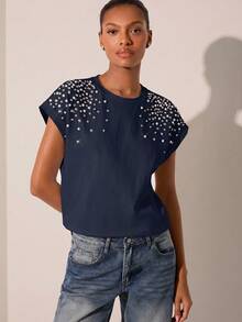 Lilora Camiseta elegante de mujer con adornos de strass, azul marino - Azul Marino - Ver 6