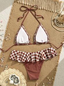Swim Mod 2件組女款夏季海灘度假泳衣，隨機黑白波點印花掛脖露背綁帶比基尼上衣與荷葉邊泳褲 - 彩色 - 查看 2