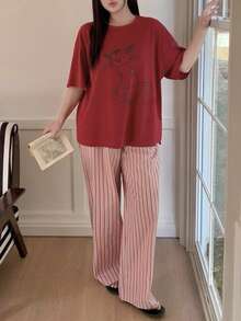 Dazy Plus 大码女士舒适短袖睡衣套装 夏季 - 紅色 - 查看 8