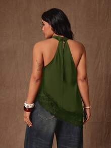 Rustia Plus Size Elegant Satin & Lace Patchwork Asymmetrical Blouse - Dark Green - View 2